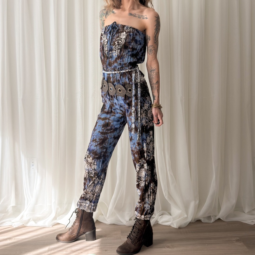 Boho Strapless Jumpsuit‎ Blue Brown Tie Dye Wide Leg Festival Romper Size S